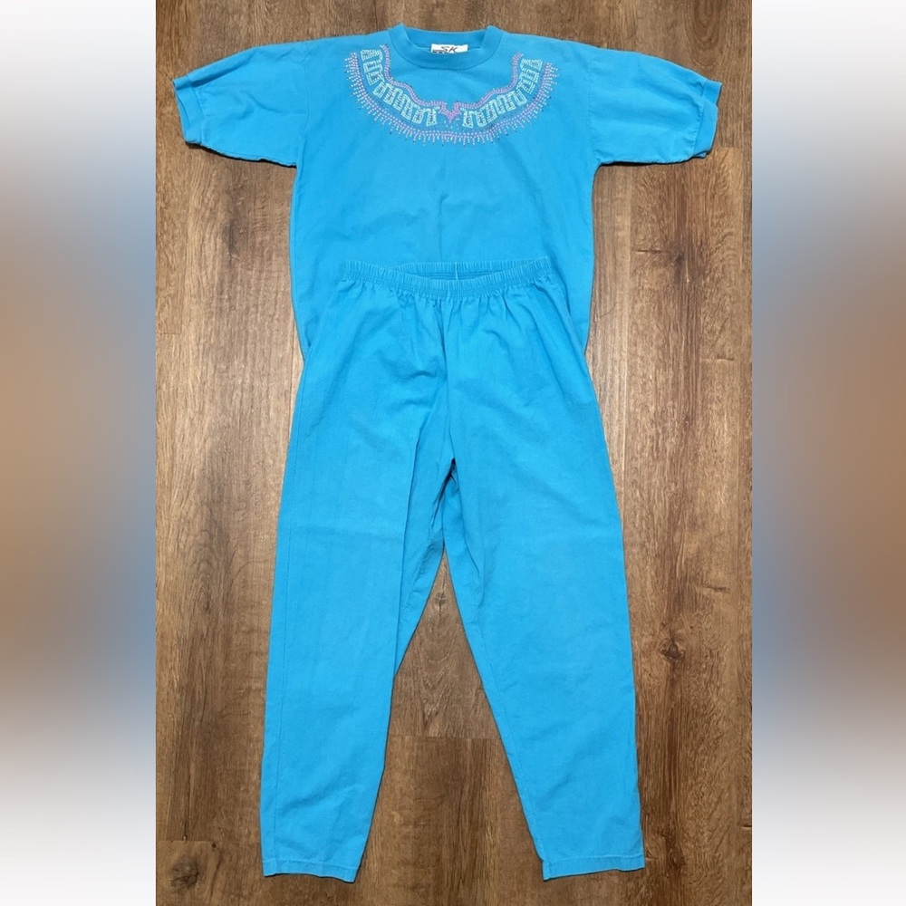Vintage Blue Track Pants & Joggers Set with Embroidered Yoke